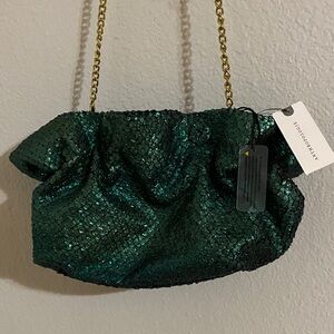 Anthropologie Emerald Sequin Clutch with Gold Chain